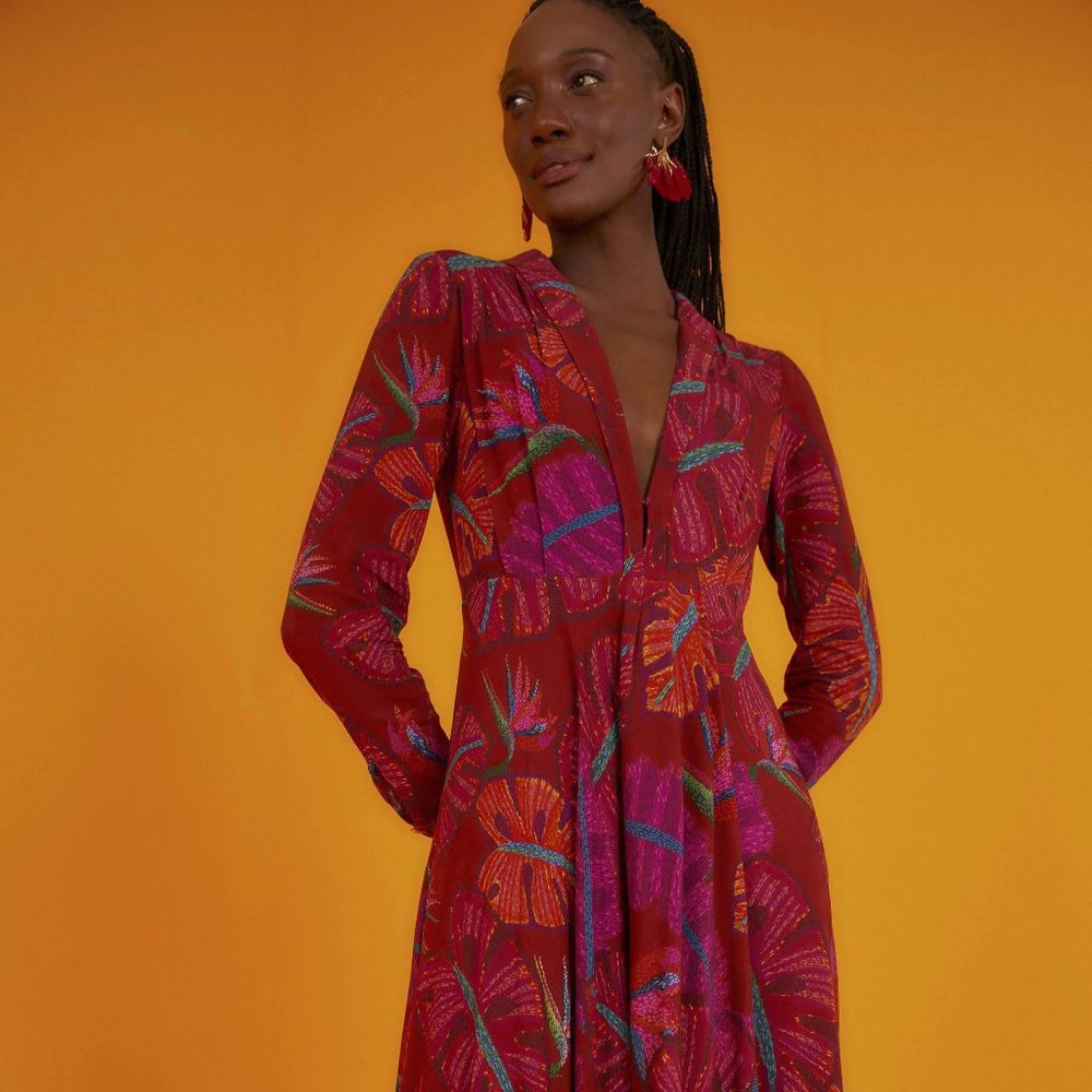 FARM Rio Red Delicate Leaves Maxi Dress (NWT)